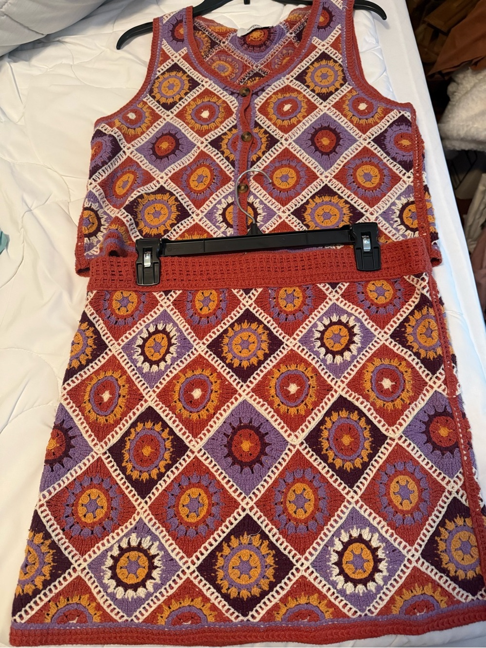 Primark Multicolor Crochet Mini Skirt and Vest Set - Red, Purple, Yellow, Orange